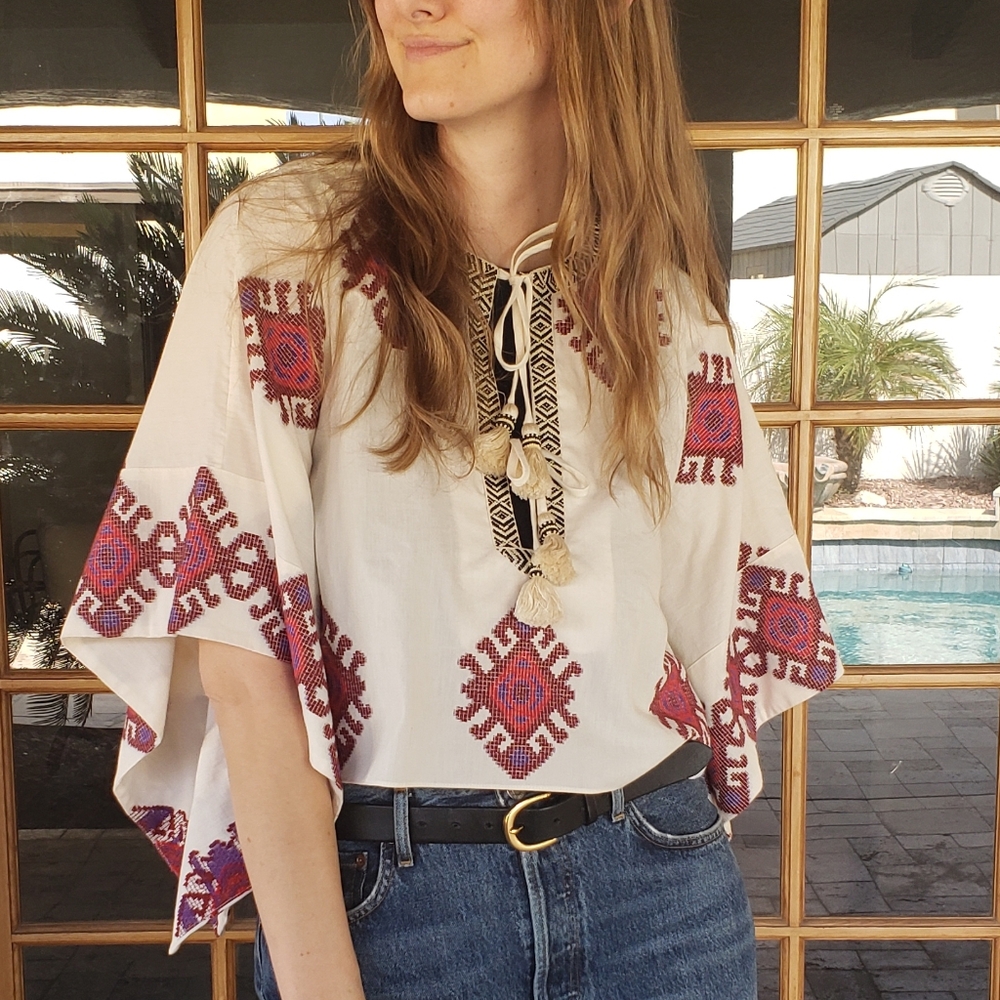 Johanna Ortiz White and Red Embroidered Blouse